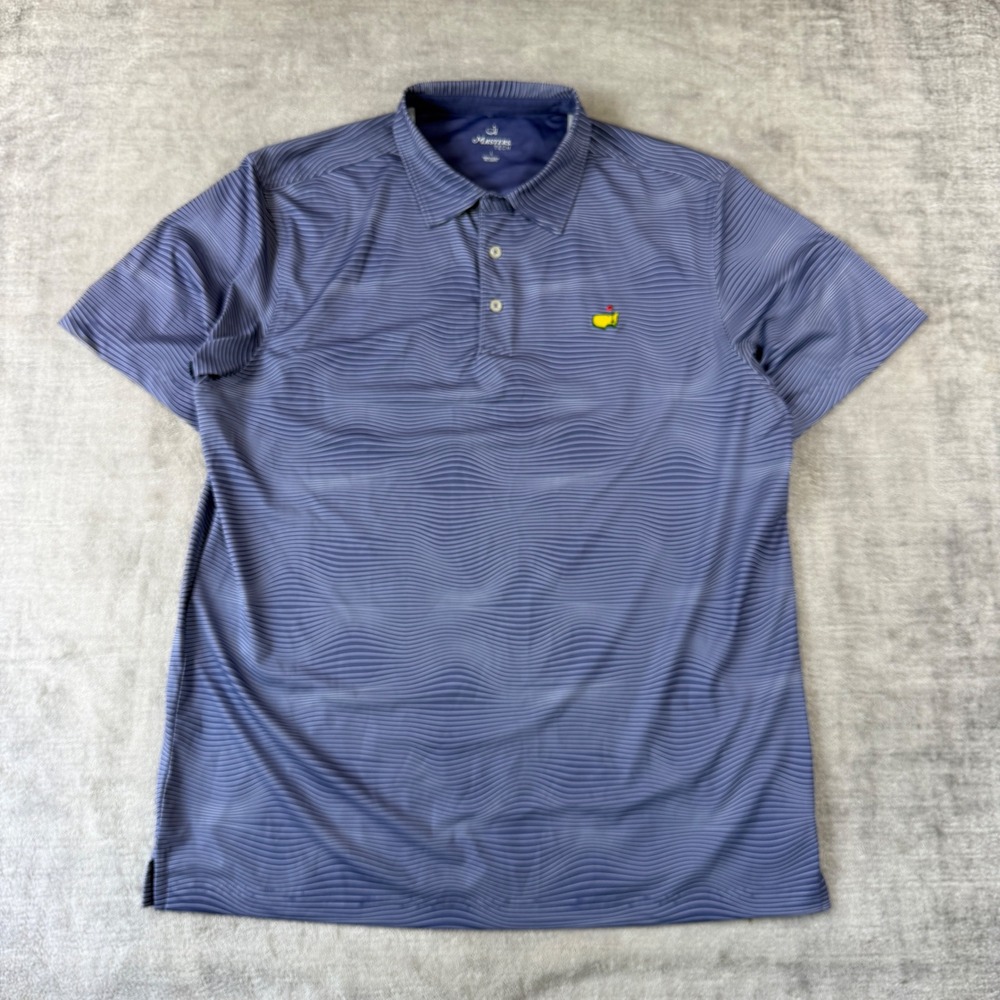 Masters Tech Shirt Men Large Blue Wavy Stripe Golf Polo Performance Short Sleeve